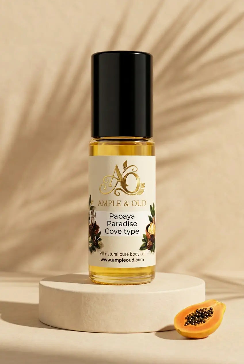 Papaya Paradise Cove type body oil in a tropical setting