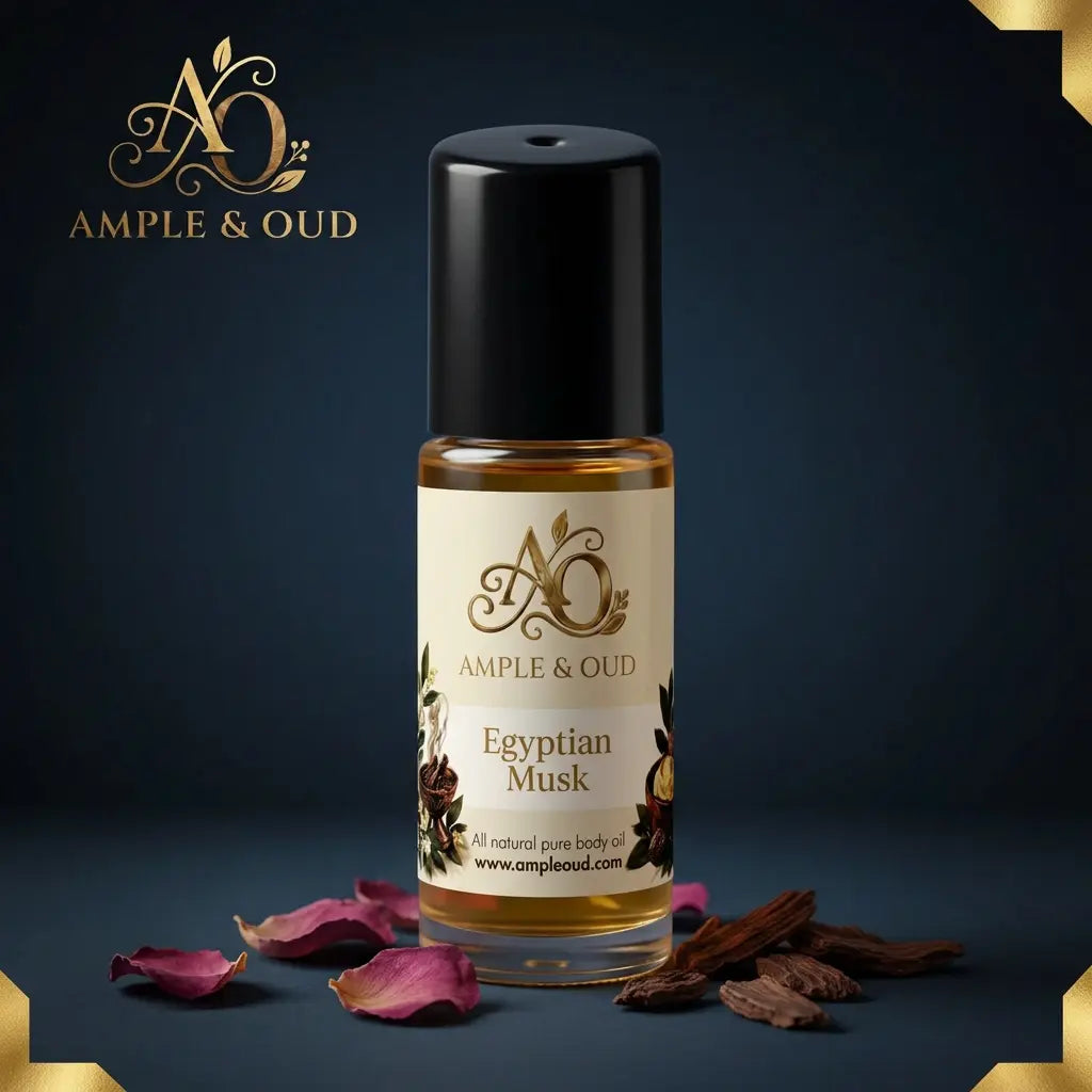 Egyptian Musk body oil with cream-and-gold label in a dark-blue setting