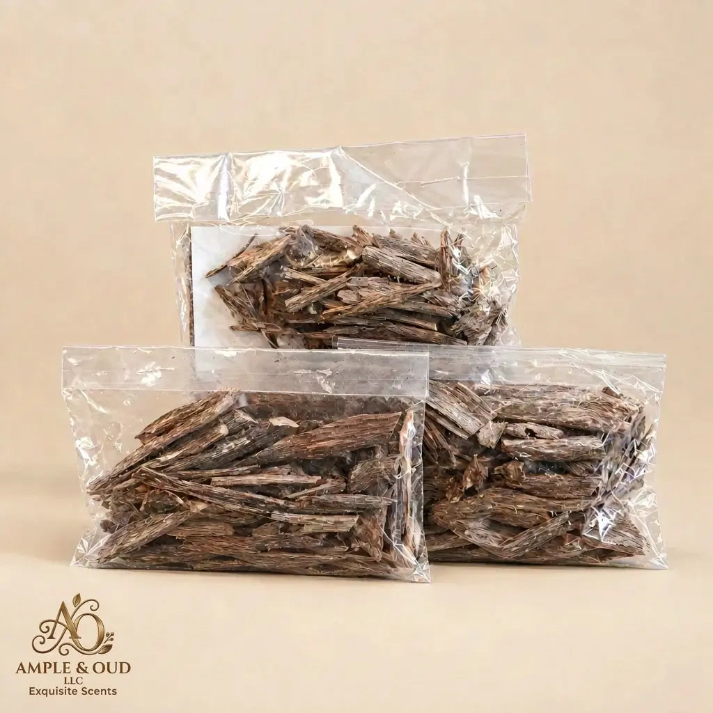 Agar Oud Incense Chips with uploaded Ample & Oud business logo in the lower-left corner