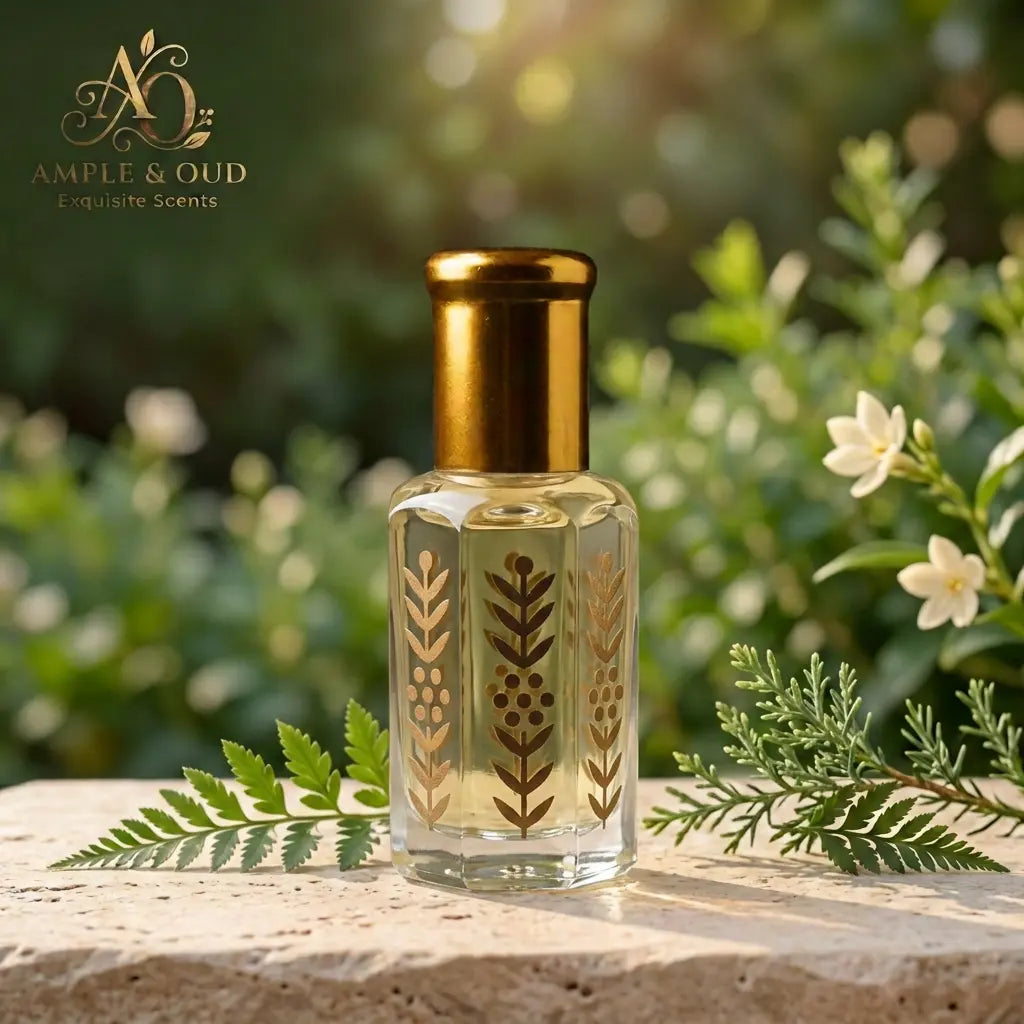 Bahar Oud reference bottle in a garden setting with Ample & Oud AO logo