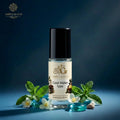 Cool Water type body oil with cream-and-gold label in a blue setting