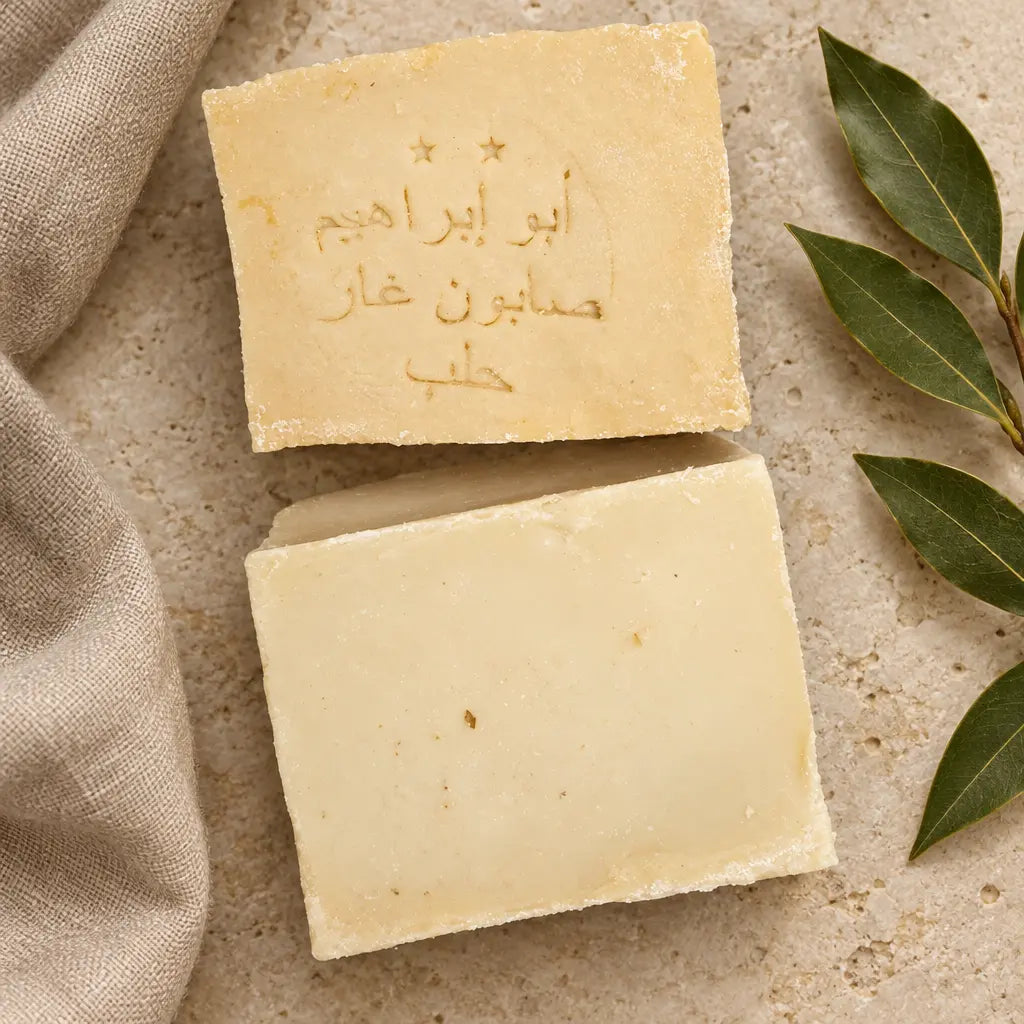 Two Laurel Aleppo soap bars on warm limestone with beige linen and a laurel sprig