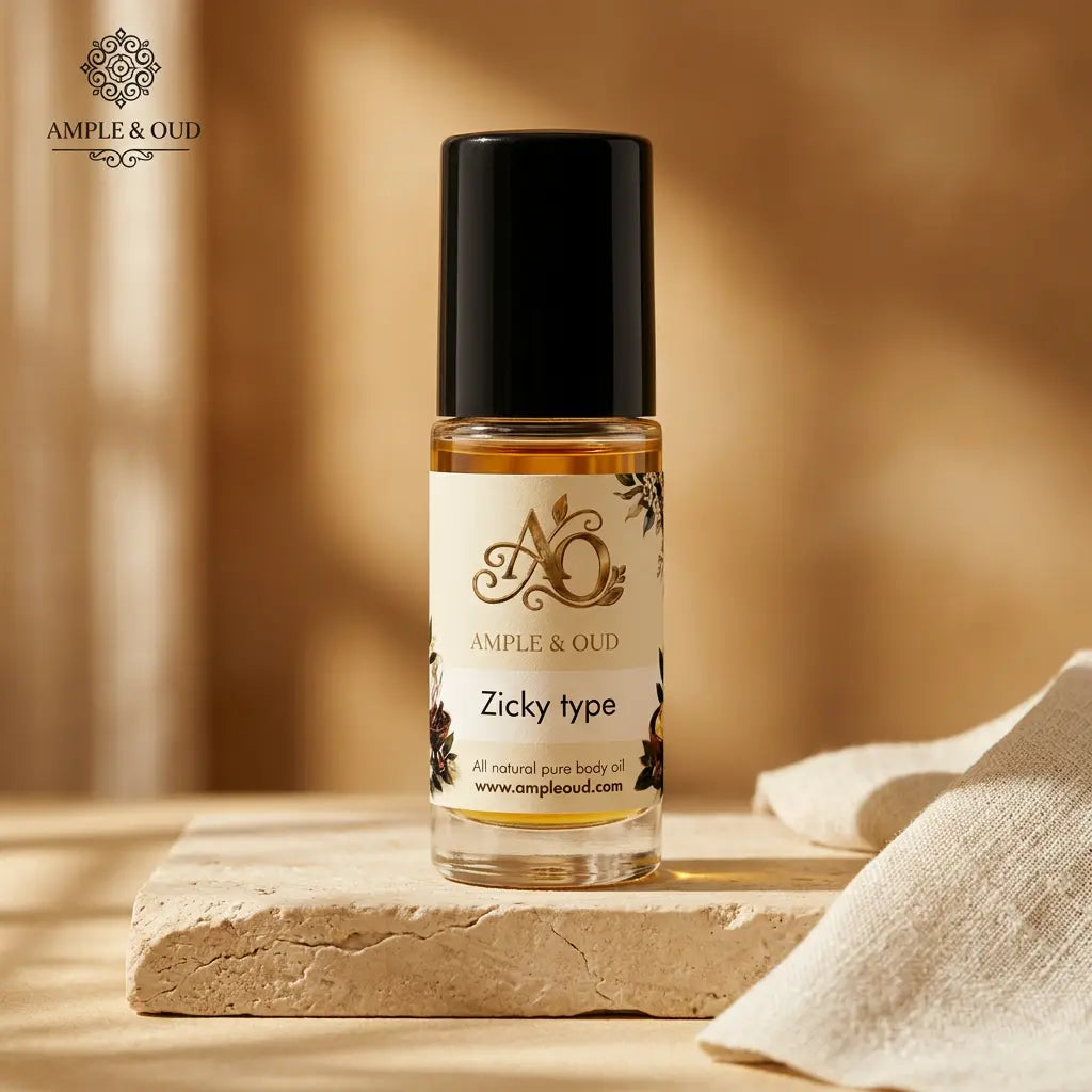 Zicky type body oil with cream-and-gold label in a warm amber setting