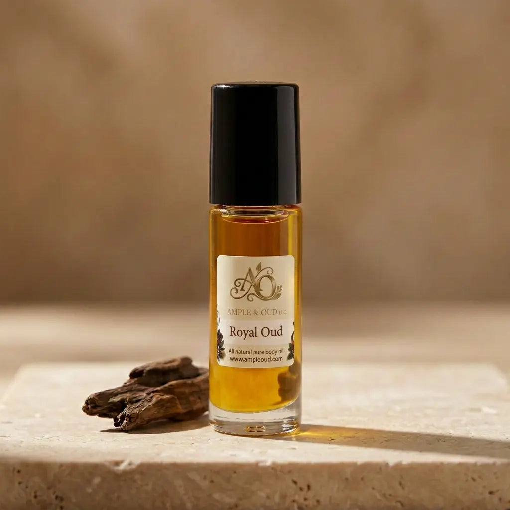 Royal Oud Body Oil bottle with a compact cream-and-gold label and golden oil visible above and below