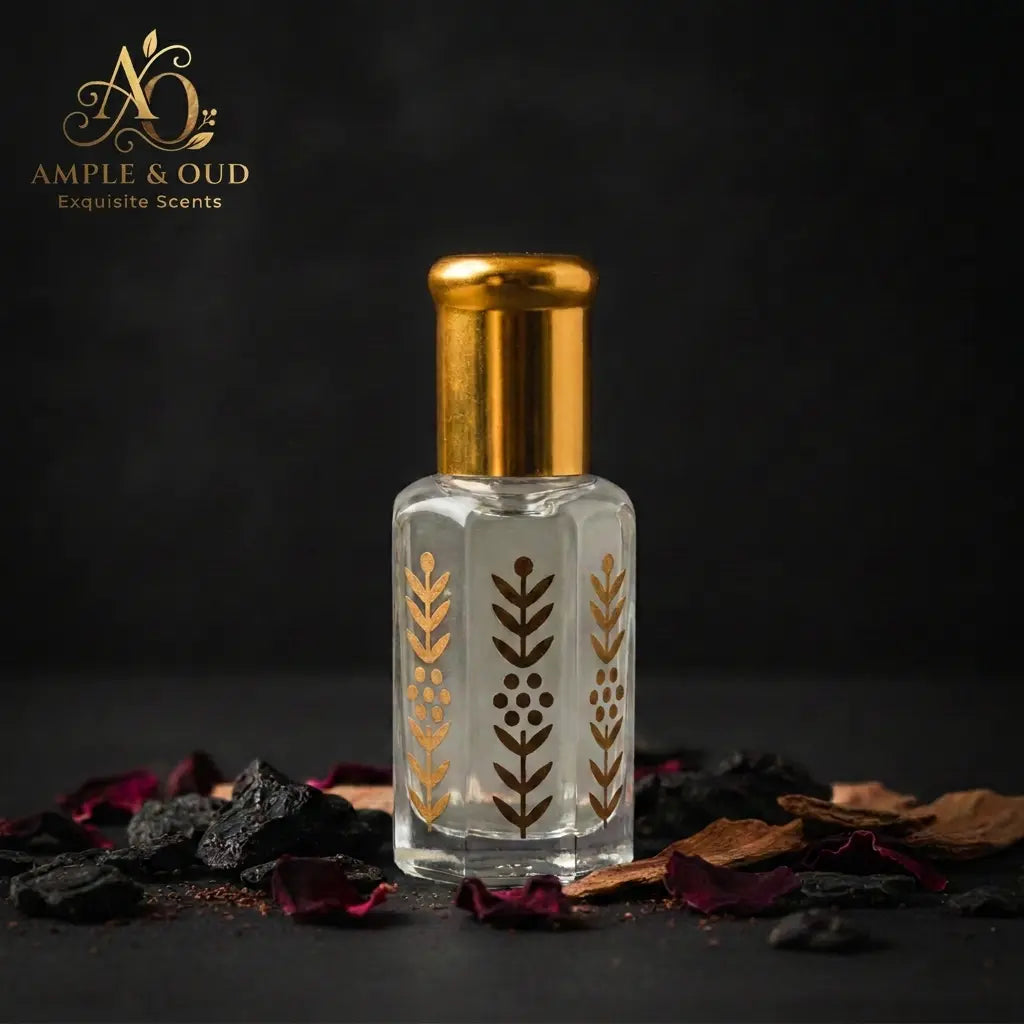 Black Afgano bottle with clean gold cap and Ample & Oud AO logo in a dark setting