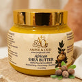 Ample & Oud shea butter jar with gold lid and cream label in an earthy skincare setting
